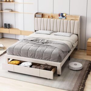 Queen Size Bed Frame with Storage Headboard and Charging Station, Upholstered Platform Bed Frame with Drawer, Mattress Foundation with Solid Wooden Slats Support, No Box Spring Needed, Beige