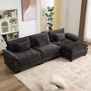 IPKIG 117" Sectional Sofa Cloud Couch, Modern Chenille Comfy Upholstered 3-Seat Sofa with Ottoman, 3 Lumbar Pillow, Deep Seat Modular Couch for Living Room, Apartment, Office, Studio, Black