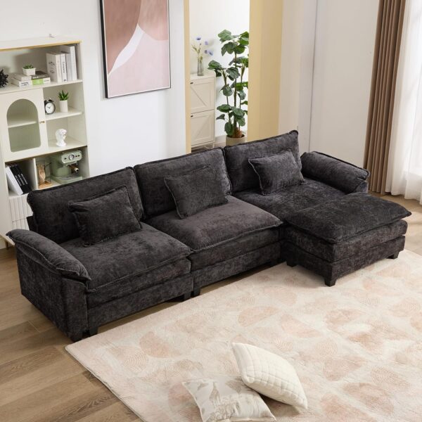 IPKIG 117" Sectional Sofa Cloud Couch, Modern Chenille Comfy Upholstered 3-Seat Sofa with Ottoman, 3 Lumbar Pillow, Deep Seat Modular Couch for Living Room, Apartment, Office, Studio, Black