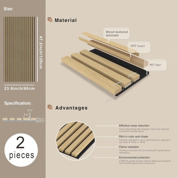 HOURIA 2Pcs Wood Slat Acoustic Panels for Wall and Ceiling, 23.6X 47.2 Inch 3D Fluted Wood Finish Soundproof Wall Panels, Sound Absorbing Decorative Wall Panels for Interior Wall Decor - Oak