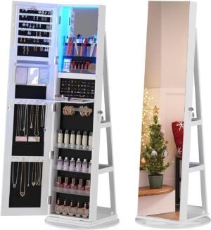 HNEBC 360° Rotating Jewelry Cabinet with Lights, 63"H Standing Jewelry Armoire Organizer with Mirror, Full Length Mirror with Jewelry Storage, Lockable Lagre Jewelry Organizer Stand for Wonen (White)