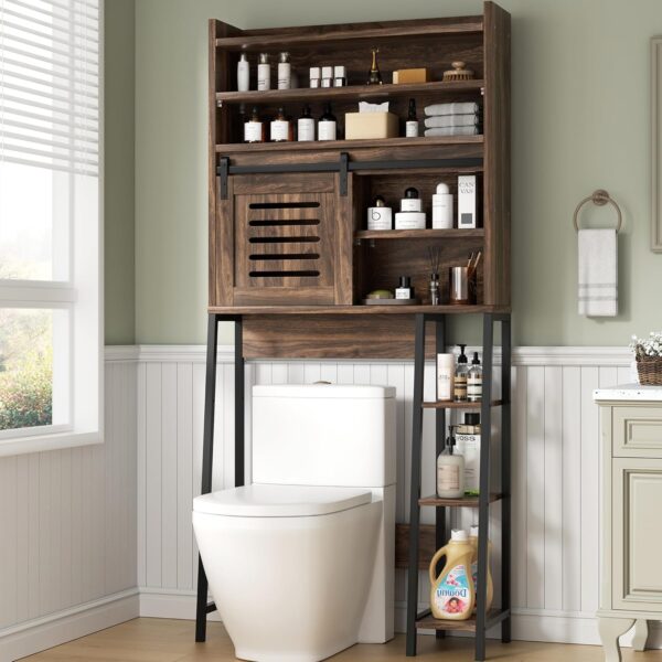 Shintenchi Over The Toilet Storage Cabinet, Bathroom Storage Cabient with Sliding Doors, Bathroom Storage Shelf Organizer with Adjustable Shelf and Anti-Tip Device, Walunt