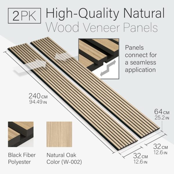 Two Acoustic Wood Wall Veneer Slat Panels - Natural Oak | 94.49 x 12.6 Each | 16.54 sq ft. Coverage | Use for Soundproof Paneling, Interior Design, Outdoor Space, Van Restorations