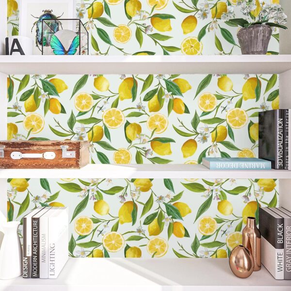 VEELIKE Lemon Peel and Stick Wallpaper Floral 17.7''x118'' Removable Self Adhesive Decorative Fresh Citrus Leaf Prints Floral Wallpaper Vinyl for Nursery Bedroom Kitchen Walls Cabinets Shelf Liners