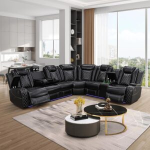 Leather Reclining Sectional Sofa for Living Room，Power Leather Recliner Sofa Set with LED Light，，Cup Holders，Storage Console，Storage Armrest，Black