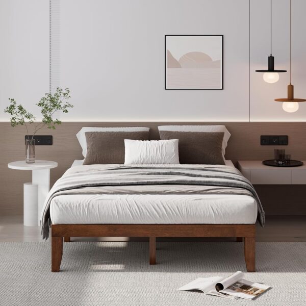 Giantex 14 Inch Queen Wood Platform Bed Frame, Minimalist Style Mattress Foundation with Solid Rubber Wood, Heavy Duty Wood Slat Support, Without Headboard, Easy Assembly, No Box Spring Needed, Walnut