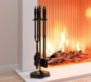 Kingson Fireplace Tools Set 5 Pieces Black Wrought Iron Fire Tool Set for Outdoor/Indoor Include Poker Shovel Brush Tongs and Stand Accessories Set