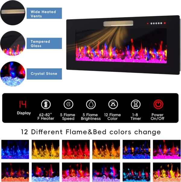 Modern Fireplace TV Stand for TVs Up to 80", 70" Entertainment Center with 36" Electric Fireplace Heater, 7 Color LED Strip and Adjustable Glass Shelves for Living Room (White) (White)