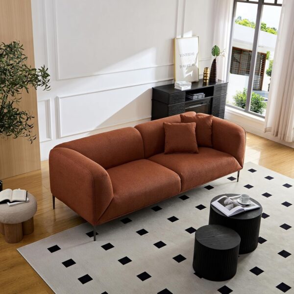 89" Modern Sofa Couch, Velvet Upholstered Sofas, 3-Seater Deep Seat Couchs, Comfy Fluffy Standard Couch with Straight Tuxedo Arm, Metal Legs, 2 Pillows for Living Room, Home Office (Orange)