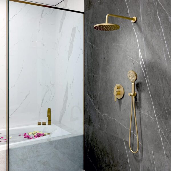 Brushed Gold Shower Faucet Set, Wall Mount Rain Shower System 10 Inches, and Handheld Shower Head Combination, Included Rough-in Valve and Trim Kit