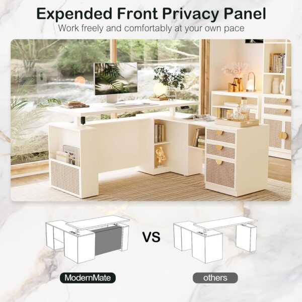 63" Standing Desk with File Cabinet, Privacy Panel, AC/USB, 1.18" Desktop, Executive L Shaped Height Adjustable Desk, Electric Stand Up Table with 3 Drawers, White Rattan