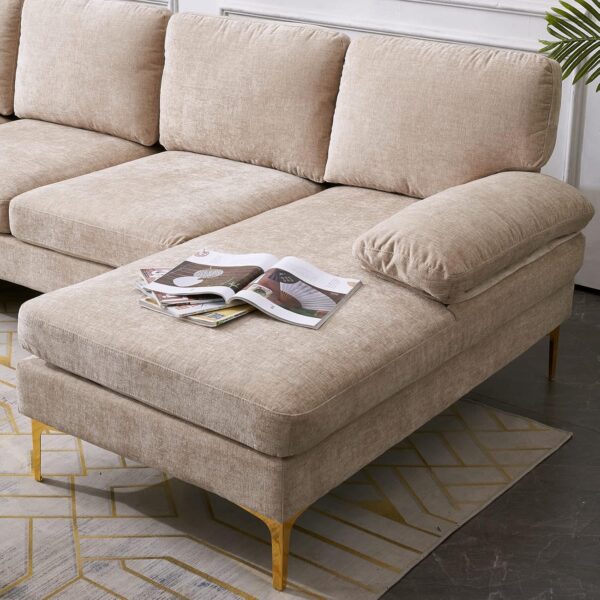Karl home Convertible Sectional Sofa 110" U-Shape Sofa Couch 4-Seat Couch with Chaise ChenilleFabric Upholstered for Living Room, Apartment, Office, Camel