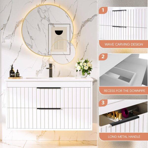 30" Bathroom Vanity with Sink, Floating Vanity Bathroom Sink Cabinet Wall Mount, Soft-Close Function 2 Large Drawers, Grooved Stripe Design, Hidden Damping Drawers, White