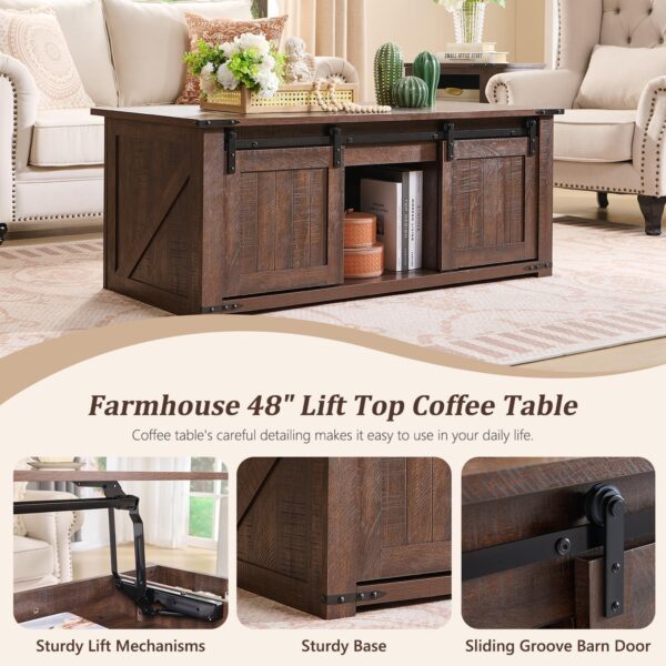 Farmhouse Furniture Set of 3, Includes 48" Lift Top Coffee Table with Sliding Groove Barn Door and Double Storage, Two Open 20" Nightstands with Charging Stations& Adjustable Shlef. Brown