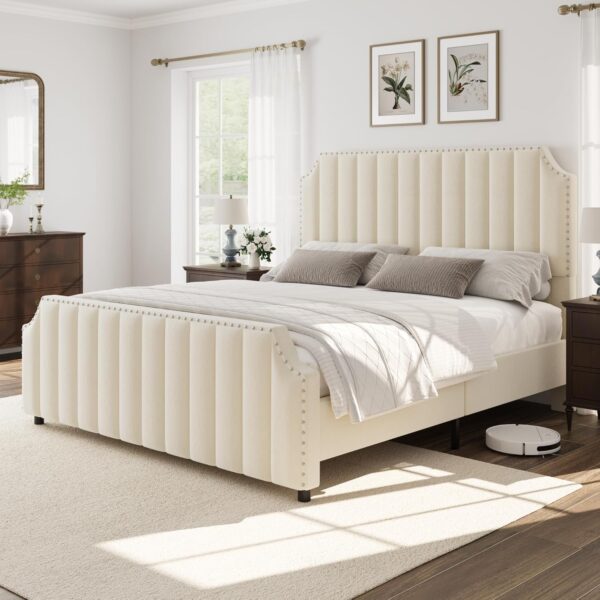 Queen Size Platform Bed Frame with 50.2" Headboard, Velvet Upholstered Bed Frame Queen with Vertical Channel Tufted Headboard & Footboard, Nailhead Trim, No Box Spring Needed, Cream