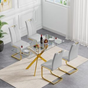 5-Piece Dining Table Set,51 Inch Tempered Glass Dining Table Sets for 4,Modern Rectangular Table and 4 PU Leather Chairs with X-Shaped Gold Metal Legs for Home,Kitchen (Gold Table+4 Silver Chairs)