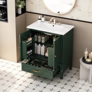 Linique 30" Bathroom Vanity with Sink Combo Set, Solid Wood Frame Modern Bathroom Storage Cabinet with a Large Drawer, a Adjustable Shelf and 2 Soft Closing Cabinet Doors with Organizer, Green