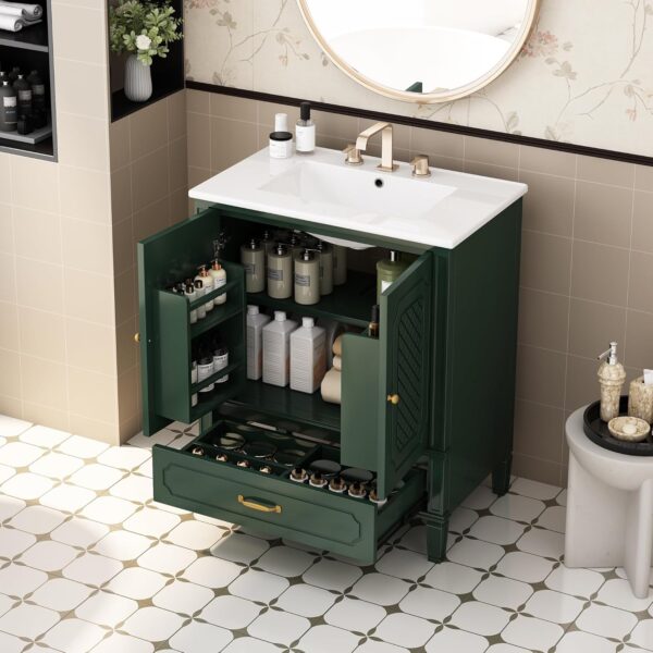 Linique 30" Bathroom Vanity with Sink Combo Set, Solid Wood Frame Modern Bathroom Storage Cabinet with a Large Drawer, a Adjustable Shelf and 2 Soft Closing Cabinet Doors with Organizer, Green