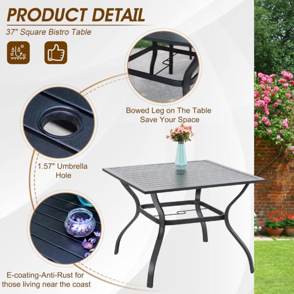 PHI VILLA 5 Piece Outdoor Dining Set with 10ft Umbrella, 37" Square Metal Dining Table & 4 Stacking Metal Chair with 3 Tier Beige Umbrella for Patio, Deck, Yard, Porch