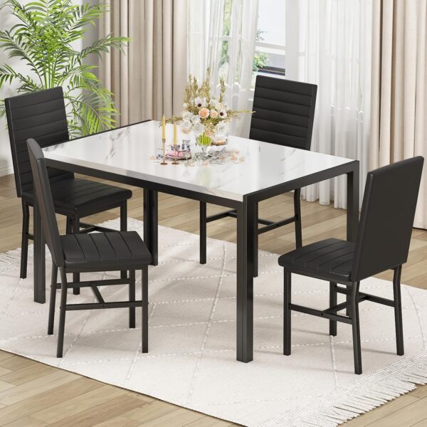 Recaceik Dining Table Set for 4, Modern 5 Piece Dining Table Set Faux Marble Kitchen Table & 4 Velvet Upholstered Chairs, Dining Room Set for Small Space