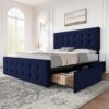 IDEALHOUSE Queen Size Bed Frame with 4 Storage Drawers and Headboard, Velvet Upholstered Platform Bed Frame with Wooden Slats Support, Button Tufted Design, No Box Spring Needed, Blue