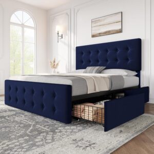 IDEALHOUSE Queen Size Bed Frame with 4 Storage Drawers and Headboard, Velvet Upholstered Platform Bed Frame with Wooden Slats Support, Button Tufted Design, No Box Spring Needed, Blue