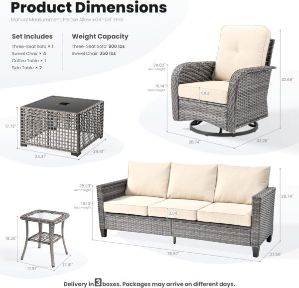 ovios 8 Pieces Patio Furniture Set, Outdoor Wicker Sofa with Swivel Rocking Chairs Solar Lights Table, Modern Deep Seat Rattan Couch Conversation Set for Porch Deck, Beige