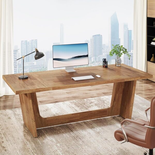Tribesigns 70.87-Inch Executive Computer Desk: Large Home Office Desk with Solid Wooden Pedestal, Industrial Wood Study Writing Table, Workstation Business Furniture, Walnut