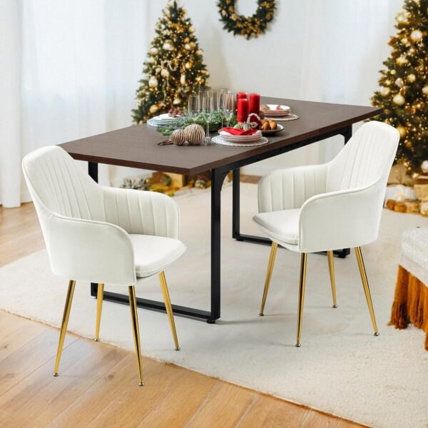 ECOTOUGE Velvet Dining Chairs Set of 2, Modern Arm Chair with Golden Metal Legs, Living Room Accent Chairs for Kitchen, Beige