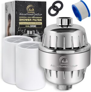 AquaHomeGroup 20 Stage Shower Head Filter with Vitamin C E A for Hard Water - High Output Filter to Remove Chlorine and Fluoride - 2 Replacement Cartridges - Consistent Flow Showerhead Filters