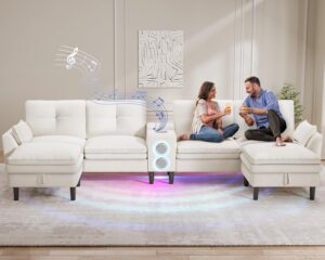 WEUP 115” Modern Cloud Couch Sectional Sofa with Bluetooth Speaker & USB Charger, LED Light, Storage Ottomans, Comfy Boucle U-Shaped Sectional Couches for Living Room, Apartment, White