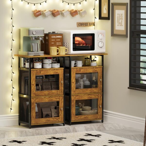 Coffee Station Cabinet with 2-Door, 4-Tier Coffee Table with Storage, 18.89" Farmhouse Kitchen Furniture, Coffee Bar Cabinet for Living Room/Entryway/Bedroom, Rustic Brown