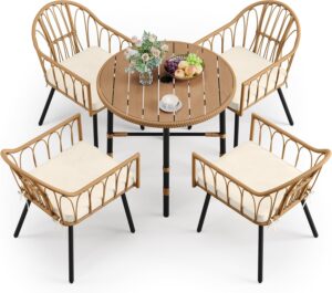 DWVO 5 Piece Patio Dining Sets, Outdoor Dining Furniture Set with 2" Umbrella Hole, Wicker Rattan Round Table and Chairs Set with Comfortable Cushions for Patio, Balcony, Backyard, Beige