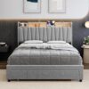 Upholstered Bed Frame with Storage Headboard and Charging Station, Platform Bed Frame with Drawers, Heavy Duty, No Box Spring Needed, Easy Assembly, Grey, Queen Size