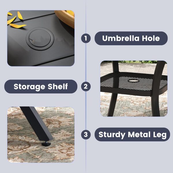 VICLLAX 5 Pieces Outdoor Dining Set, Patio Furniture Set of 4 Patio Swivel Dining Chairs and Square Patio Table with Storage Shelf, Dark Charcoal Chairs & Black Tabletop