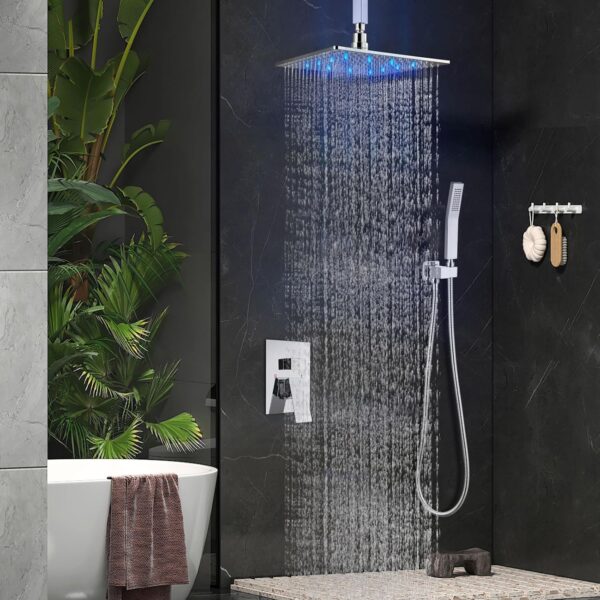 Aolemi Ceiling Mount Shower Faucet Set with Handheld Spray High Pressure Shower Faucets Sets Complete Rough-in Valve and Shower Trim Kit System Included Rainfall Polish Chrome 12 Inch LED Shower Head
