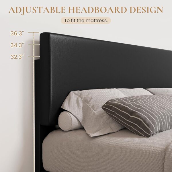 SHA CERLIN Black Queen Platform Upholstered Bed Frame with 3 Level Height-Adjustable headboard, Wood Slats Support, No Box Spring Needed, Easy Assembly, Easy Clean Up