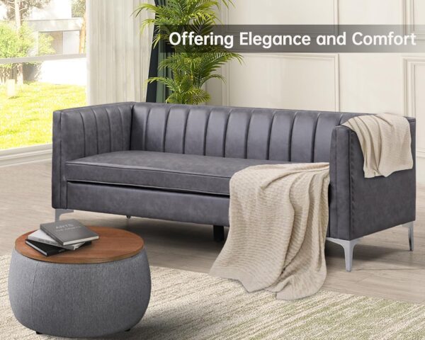 Morden Fort Faux Leather Couch, 71" W Modern Faux Leather Office Sofa Easy to Clean with Highly Wear Resistant Seats and Metal Legs, 3 Seater Couches for Living Room Apartment Lounge Grey