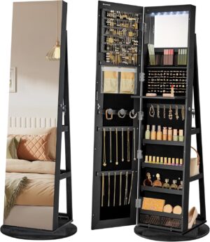 SONGMICS 6 LEDs Lockable Mirror Jewelry Cabinet, 360° Swivel Jewelry Organizer Armoire Standing, Frameless Full-Length Mirror, 3 Storage Shelves, Black Surface, Black Lining UJJC007B01