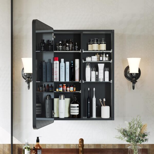 Recessed Medicine Cabinets for Bathroom with Mirror: 16x24 Wall Mount Mirrored Vanity Chest - 16 x 24 inch Small Storage Cabinet with Adjustable Shelves - Matte Black Frame
