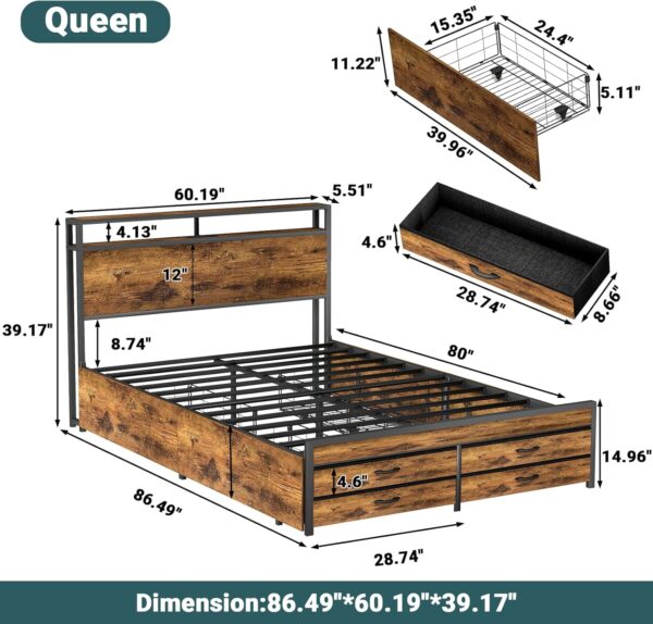 Queen Bed Frame with 8 Storage Drawers, Queen Metal Bed Frame with LED Light and Charging Station, Heavy Duty Metal Slats, No Box Spring Needed, Rustic Brown