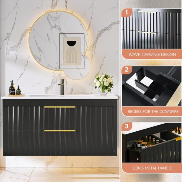 36" Bathroom Vanity with Sink, Floating Vanity Bathroom Sink Cabinet Wall Mount, Soft-Close Function 2 Large Drawers, Grooved Stripe Design, Hidden Damping Drawers, Black