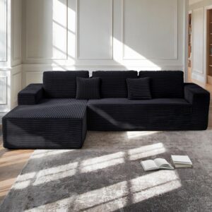 Claiks 110" Cloud Sectional Couch with Chaise Lounge, Modern Modular L-Shape Corduroy Couch Deep Seat, Upholstered Couches for Living Room Bedroom, No Assembly Required, Black Left Facing Chaise