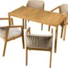 Merax Acacia Wood Outdoor Dining Set for 5, All Weather Patio Table and 4 Chairs with Rattan Wicker for Garden, Backyard, Poolside, Balcony, Light Teak