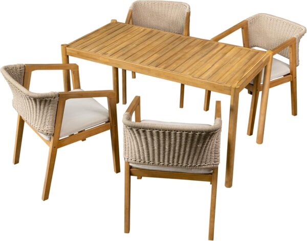 Merax Acacia Wood Outdoor Dining Set for 5, All Weather Patio Table and 4 Chairs with Rattan Wicker for Garden, Backyard, Poolside, Balcony, Light Teak