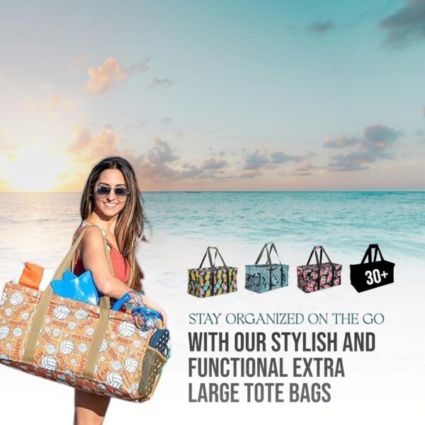 81jLM2U9UPL._AC_SL1500_.jpg Extra Large Utility Tote Bag - Oversized Collapsible Reusable Wire Frame Rectangular Canvas Basket With Two Exterior Pockets For Beach, Pool, Laundry, Car Trunk, Storage - Light Blue