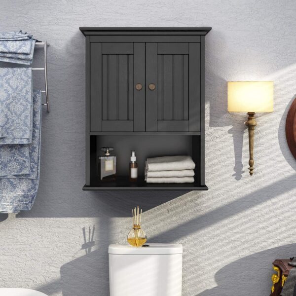 Treocho Wood Wall Cabinet Bathroom Medicine Cabinet Storage with Doors and Adjustable Shelf Wall Mount for Bathroom, Livingroom, Kitchen, Cupboard, Black