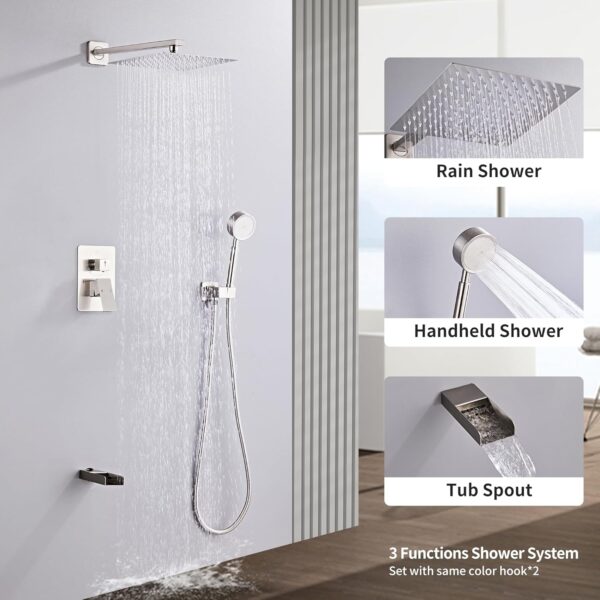 Brushed Nickel Shower Tub Faucet Set, Wall Mounted 10 Inch Shower Heads with Handheld Spray Combo and Tub Shower Faucet, Luxury Bathroom Square Rain Shower System - 4 Hooks