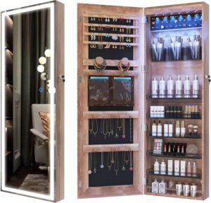 LVSOMT LED Wall/Door Mounted Jewelry Cabinet Armoire, Full Length Mirror with Lights, Lockable Storage Organizer, Over the Door Hanging Dressing Body Mirror (Wood)