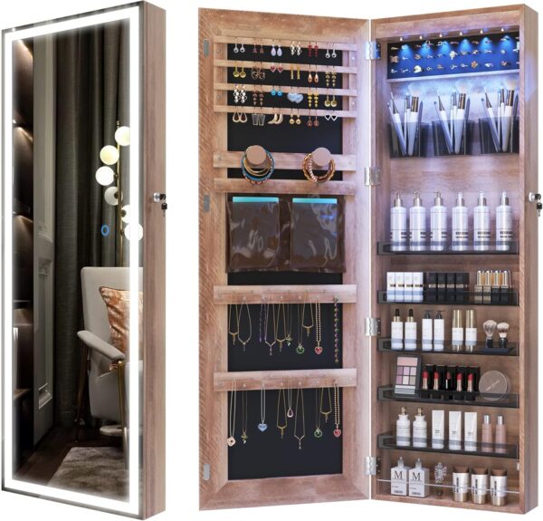 LVSOMT LED Wall/Door Mounted Jewelry Cabinet Armoire, Full Length Mirror with Lights, Lockable Storage Organizer, Over the Door Hanging Dressing Body Mirror (Wood)